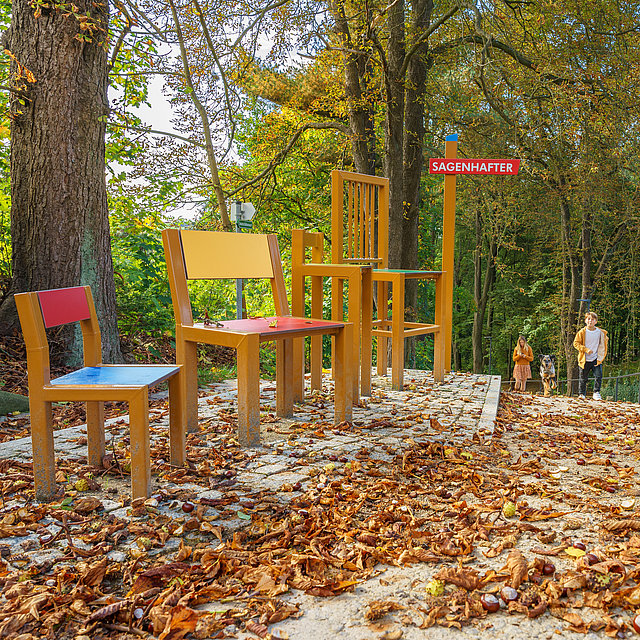 Weg mit Herbstlaub und drei verschiedenen Stühlen zum verweilen. Im Hintergrund verschiedene Wegweiser und Spaziergänger.
